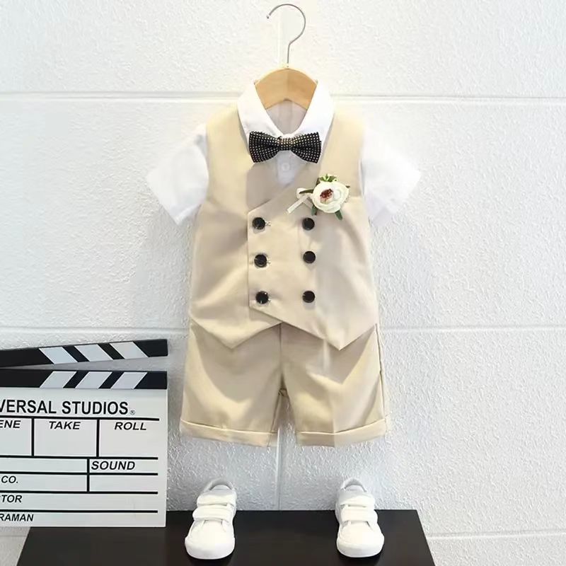 儿童套装新款春夏短袖马甲套男童花礼服中小童宝宝周岁生日宴会服