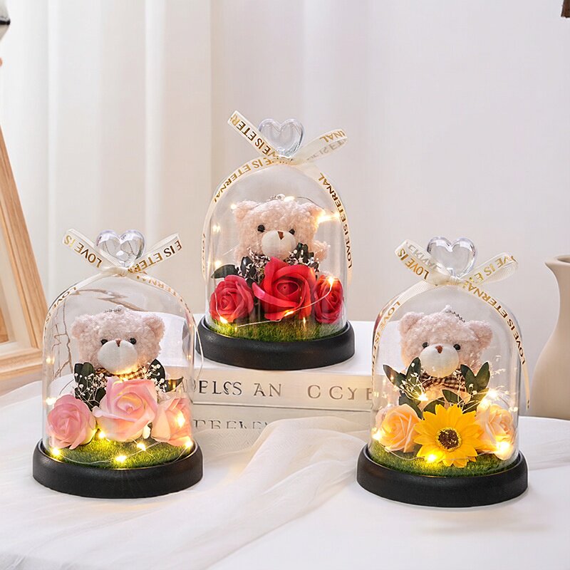 520情人节创意礼品小熊公仔仿真花玫瑰花香皂花永生花摆件送女友