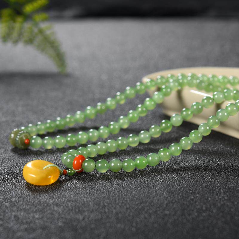 【楼兰璞钰】天然和田玉碧玉冰底果绿6mm多圈手链原创设计项链