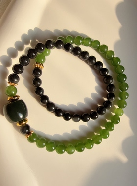 天然和田玉碧玉阳绿圆珠6mm手链银单圈小手串女款百搭搭配青花珠