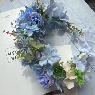 森系新娘仙女花环布艺花朵蓝色妖姬头饰旅游摄影写真演出发饰头环