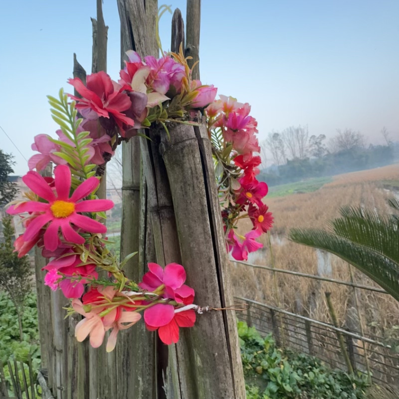 渐变混色红紫粉色仿真绢花玫瑰绣球菊花花朵花环头饰