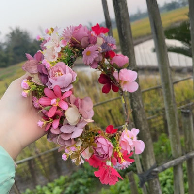 森系花朵发箍女超仙唯美花环头饰拍照道具深粉绣球布艺圆形发饰