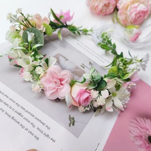 DIY森系超仙花环头饰超仙新娘花环仿真玫瑰粉白色布艺花环