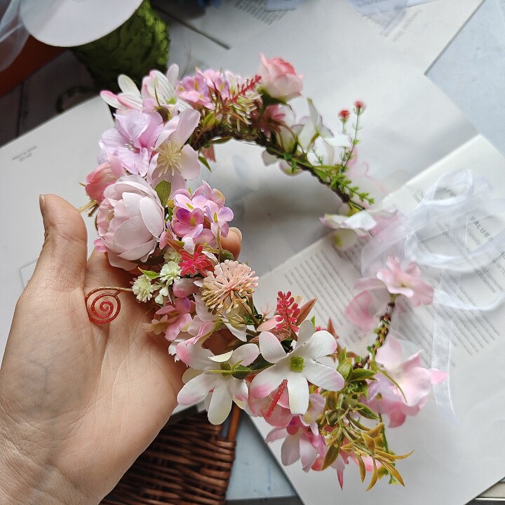 森系粉色绣球花环发箍婚礼拍照