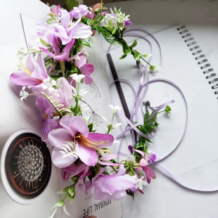 原创设计森系紫粉色仿真布艺玫瑰花环头饰舞蹈表演拍照道具