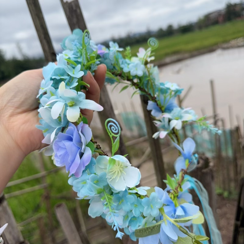 DIY浅蓝色欧式朵仿真布艺花环头饰中长发发箍森系婚礼湖蓝色头花