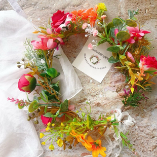 DIY森系仿真儿童新娘头饰花圈花环摄影橙色红色布艺花朵