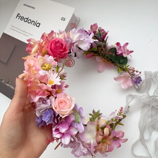 DIY头饰新款森系深粉玫瑰加大花朵仿真花环新娘伴娘发饰秋天花环