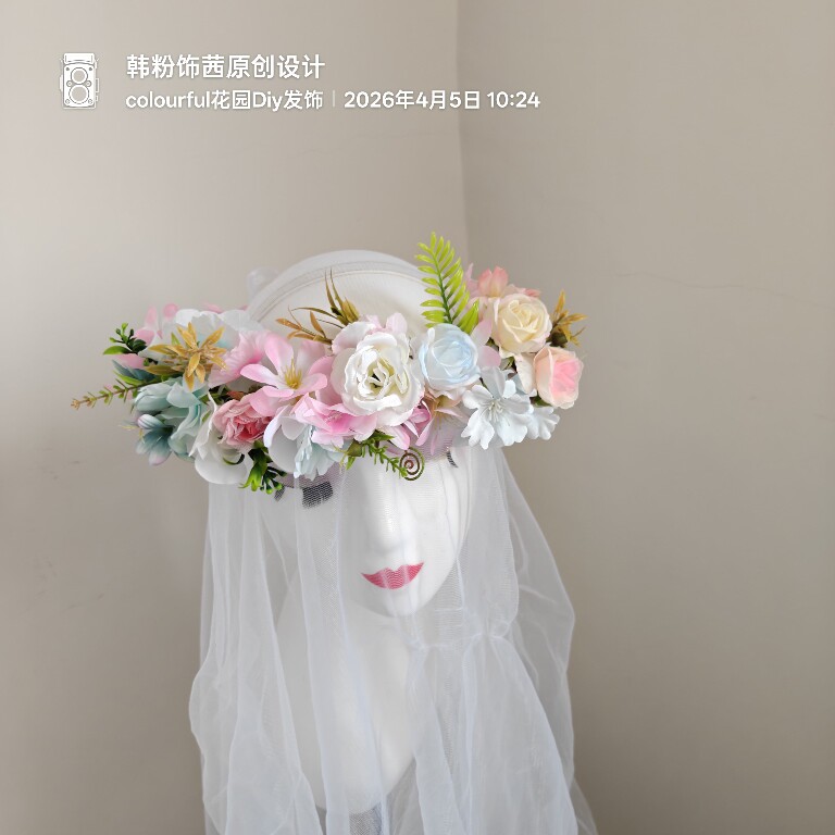 森系头饰花朵发饰仙女公主花环圈头饰飘带发箍女孩头花粉蓝色新款