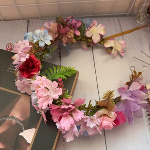 森系仿真新品花朵儿童花冠头饰新娘花环发箍发饰粉蓝浅紫色头花