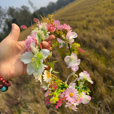 DIY森系仿真新品花朵儿童花冠头饰新娘花环发箍发饰粉绿玫瑰花朵