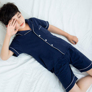 男童睡衣夏季薄款纯棉短袖短裤儿童家居服套装开衫女童睡衣亲子装
