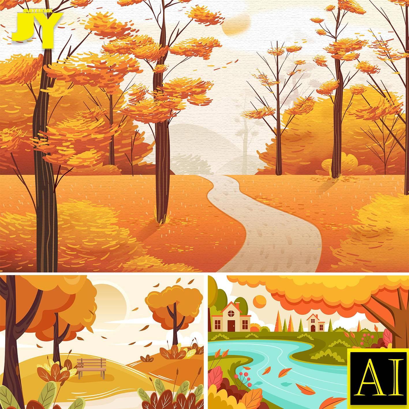 树林 牵手的人welcome autumn卡通治愈系秋季自然风景插画ai素材