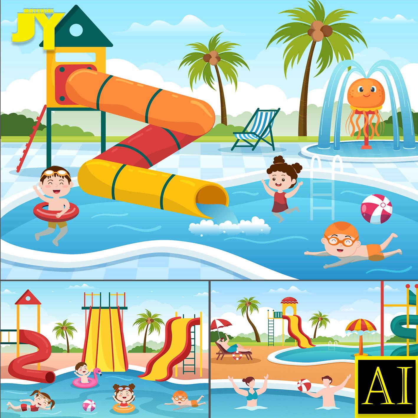可爱卡通人物滑梯游泳圈游泳池冲浪玩水儿童水上乐园ai设计素材