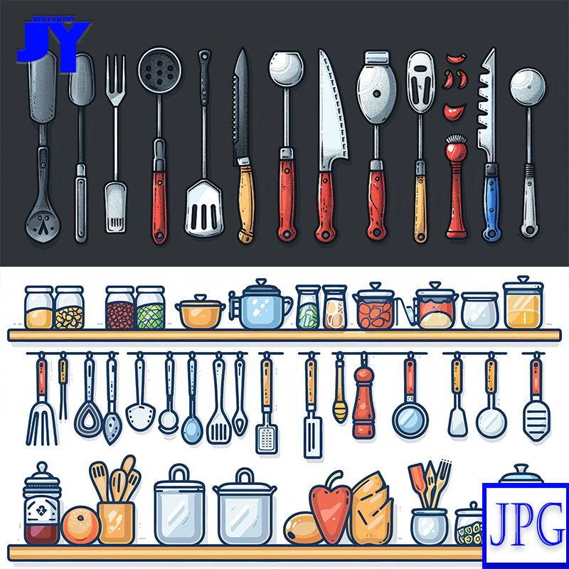 手绘厨房用具组合锅碗瓢盆刀叉平底锅炒菜锅高清jpg插图插画素材