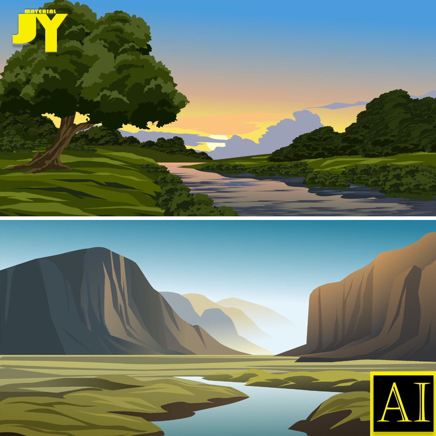 矢量青山绿色野外户外田野景物河流小溪山水自然风景插画挂画素材