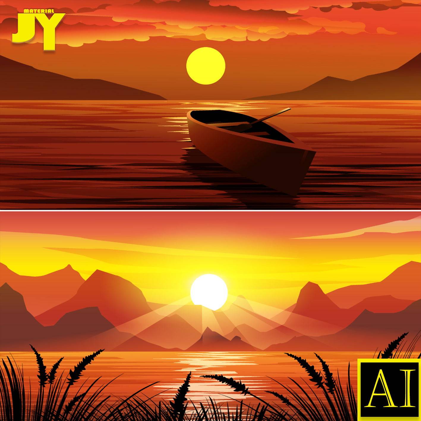 矢量植物夕日旭日夜景野外山脉沙漠公路城市山水自然风景插画素材