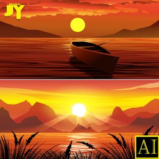 矢量晚霞风景夕日旭日户外山脉沙漠山水自然风景插图插画设计素材