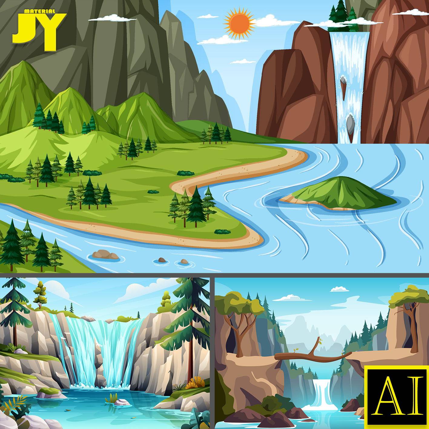 可爱卡通高山流水龟背叶荷花岩石河流瀑布自然风景山水插画ai素材