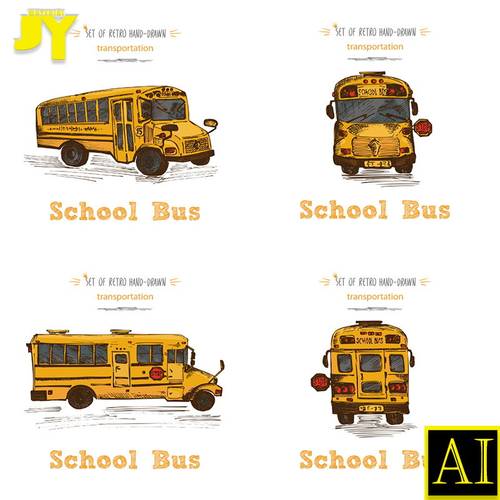 shool bus 校车手绘画线描线稿校园巴士插图插画矢量图设计AI素材