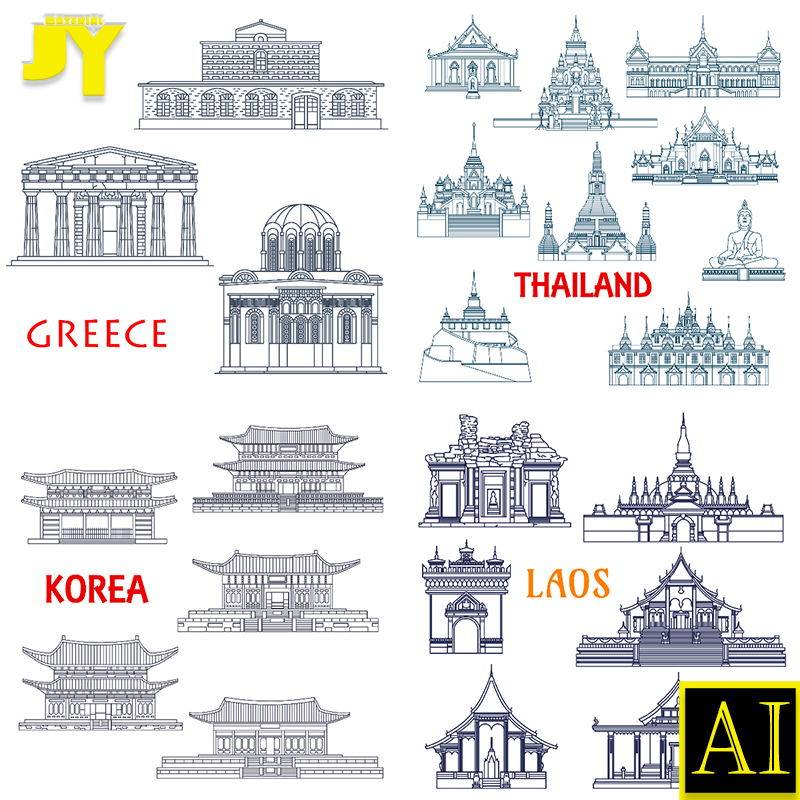 世界各国地标城市建筑教堂城堡古建筑线稿插画矢量图平面设计素材