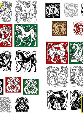 矢量wiking维京风格花纹凯尔特鹿鸟装饰彩图黑白北欧图案设计素材