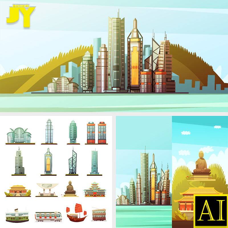香港中国城市地标建筑剪影船港旅游插画海报背景装饰矢量设计素材