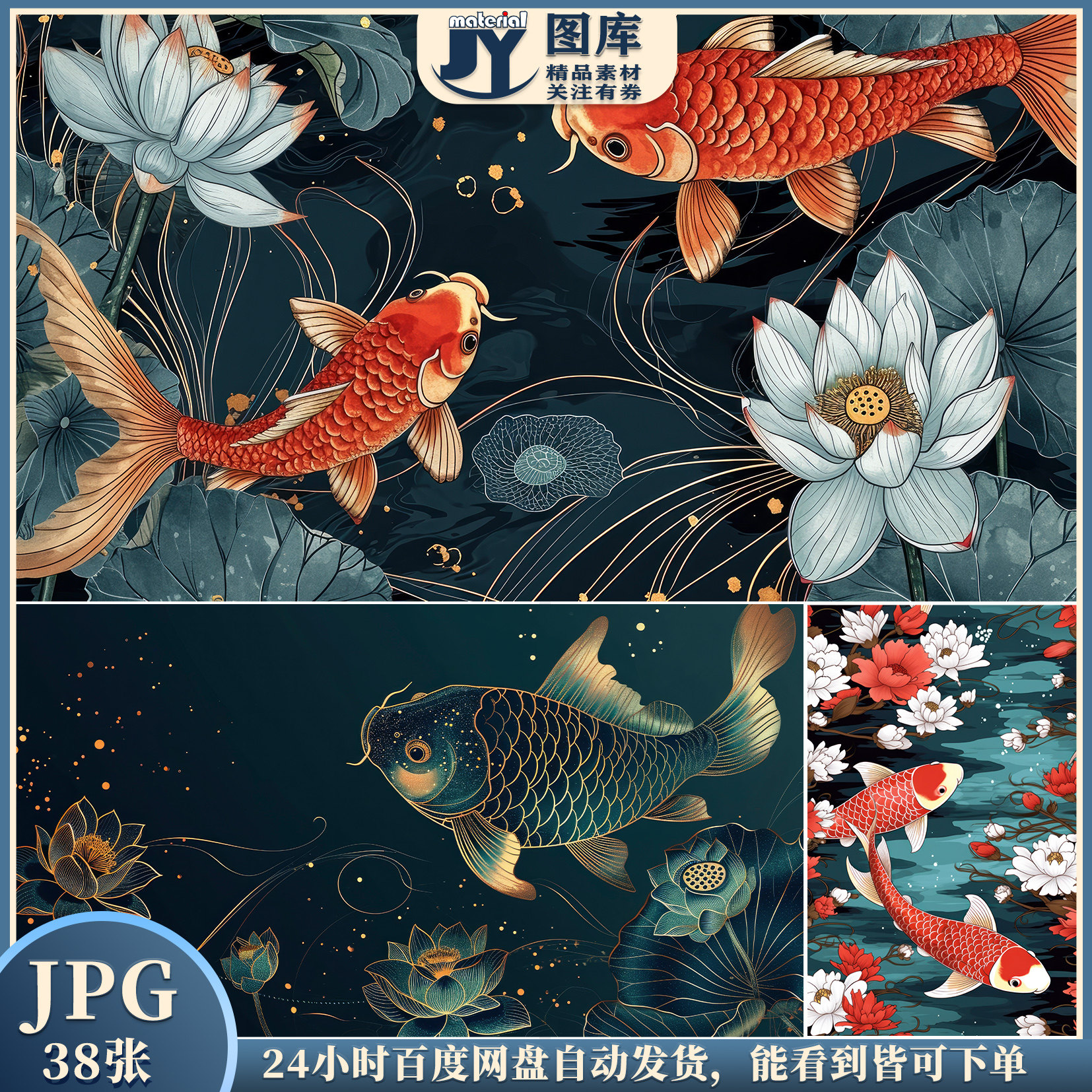 新中式高清国潮锦鲤金鱼莲华金线轻奢装饰画壁画墙纸JPG设计素材