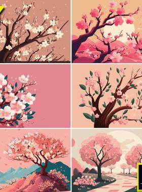 矢量扁平化手绘油画粉色桃花梅花樱花花海插画海报装饰画设计素材
