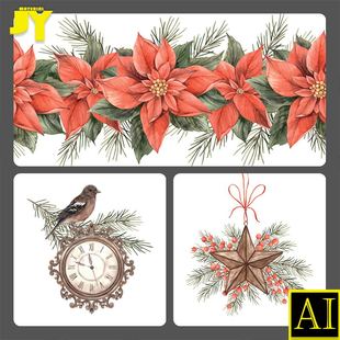 手绘水彩圣诞节一品红花五角星叶子松树枝松塔报喜鸟时钟矢量素材