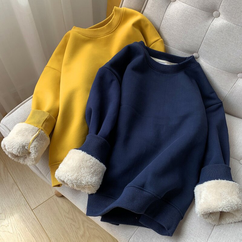 圆领仿羊羔绒卫衣女2025秋冬宽松韩版加绒加厚长袖保暖超厚绒上衣