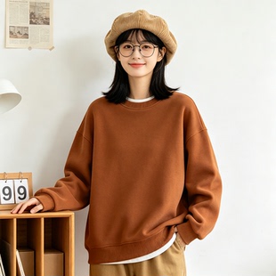 脏橘色圆领男女卫衣男秋季新款情侣运动休闲圆领套头长袖打底上衣