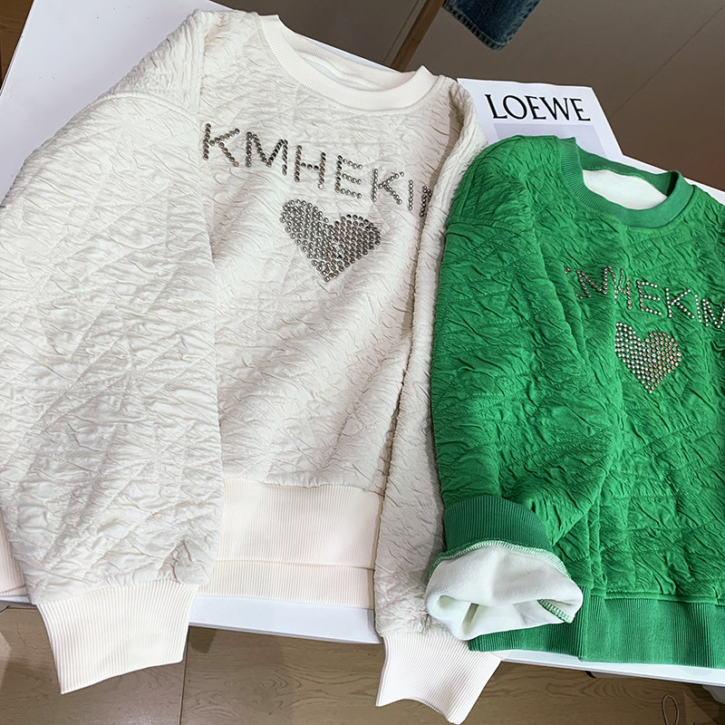 原创设计加绒加厚圆领卫衣女铆钉重工高端欧货宽松慵懒百搭上衣潮