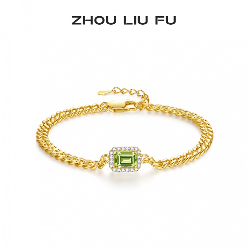 周六福S925银手链女复古橄榄绿方块手饰时尚小众设计送女七夕礼物