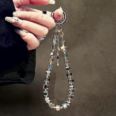 奢华高级感水晶串珠手提链手腕短挂绳带夹片壳钥匙扣包包挂件