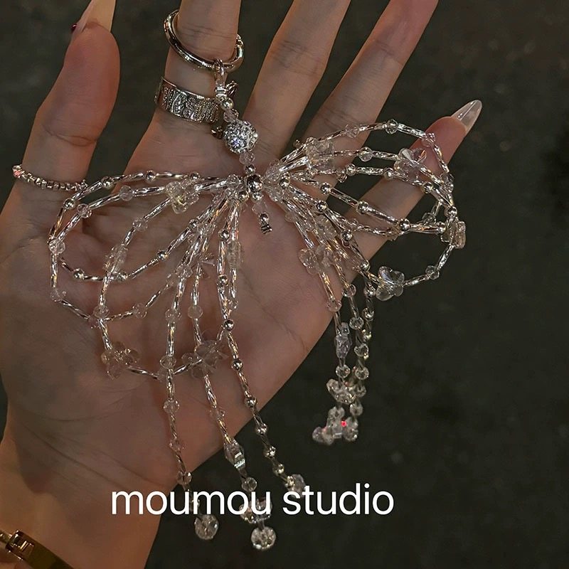 moumou studdio大蝴蝶结少女包包挂件通用手机链串珠链条链挂绳钥
