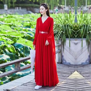 素修身 2024夏季 新款 國風漢元 顯瘦氣質(zhì)長裙紅色飄逸連衣裙仙女裙子