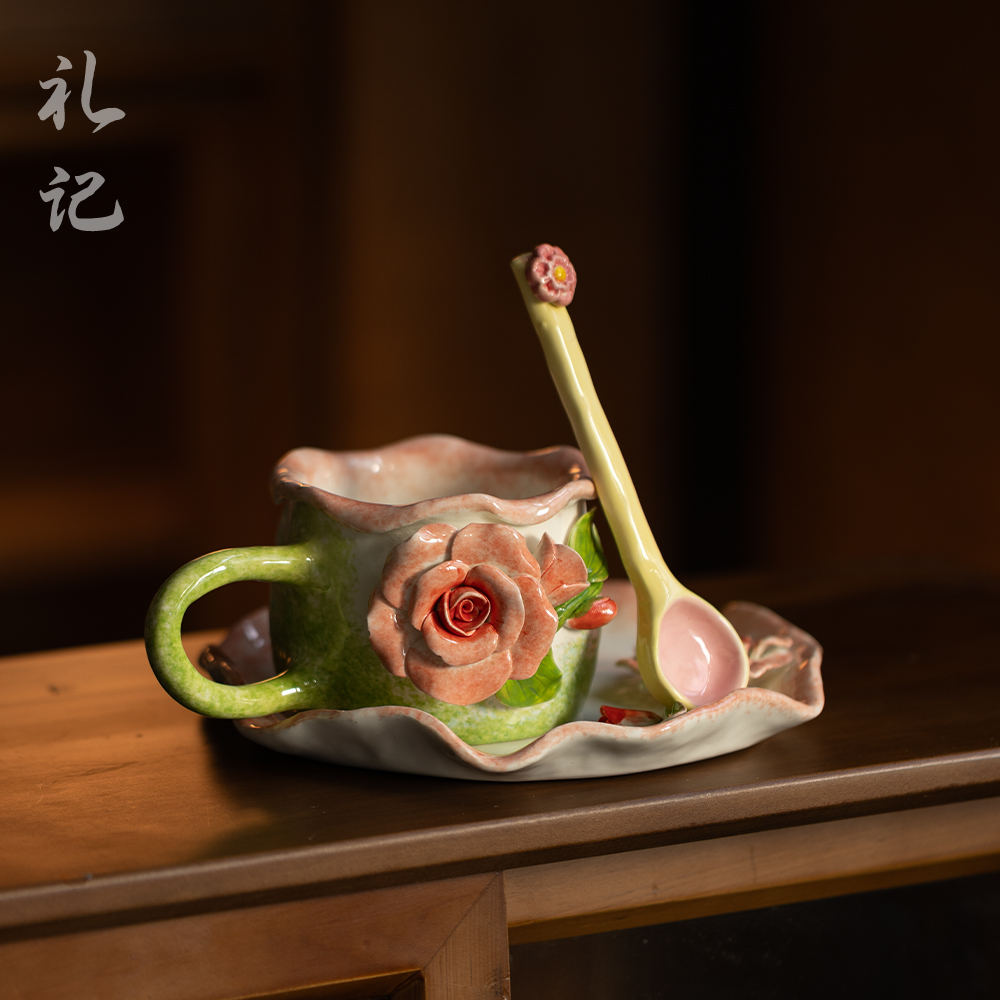景德镇釉下颜值复古陶瓷玫瑰马克杯勺子花卉立体办公大容量咖啡杯