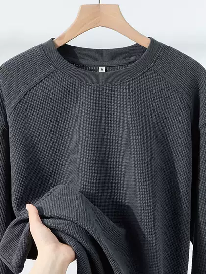 Dark Gray Heavyweight Waffle Knit Raglan Long-Sleeve T-Shirt for Men, American-Style Charcoal Gray Loose Round-Neck T-Shirt for Women, Summer