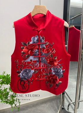 中国风红色喜庆醋酸刺绣马甲真丝凤舞刺绣外套 马甲 YM24033