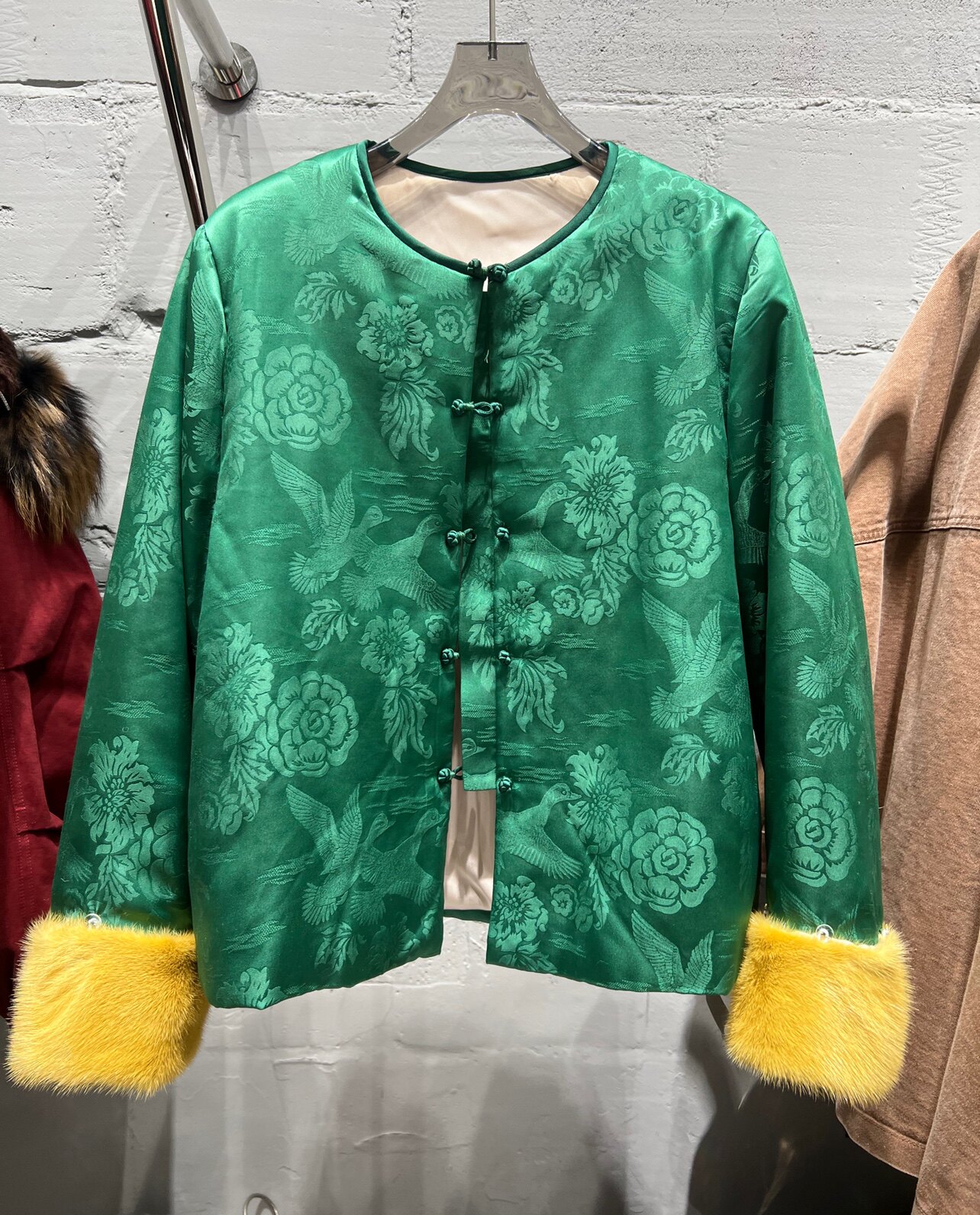 桑蚕丝真丝提花圆领手工盘扣短款羊毛棉衣棉外套冬女装中式新年