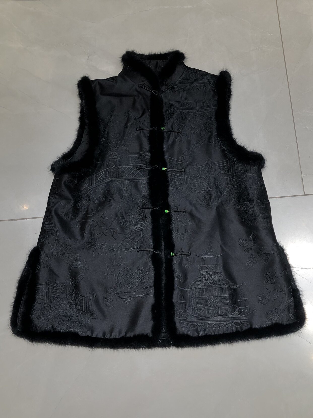 月光宝盒高级定制~复古水貂毛双宫丝刺绣花背心中式盘扣女士马甲