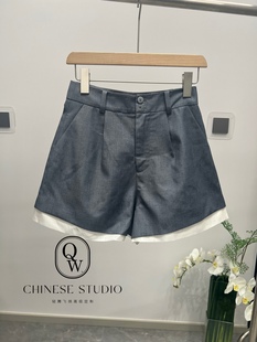 新款欧货潮高腰显瘦欧根纱拼接休闲a字阔腿短裤女 YM24064