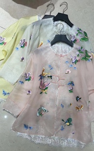 24春夏国风新中式 YM24078 上衣 真丝欧根纱拼接蕾丝蝴蝶刺绣罩衫