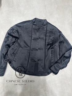 新中式 国风盘扣立领真丝黑色外套女设计感百搭气质薄棉服YM240111