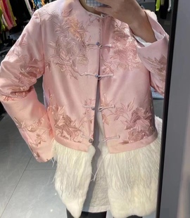 盤(pán)扣唐裝 2022冬中國(guó)風(fēng)中式 棉服獺兔毛鴕鳥(niǎo)毛真絲羊毛夾棉襖外套女