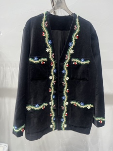 拼色刺绣波浪边V领丝绒外套女 洋气复古款 欧货新款 高品时尚