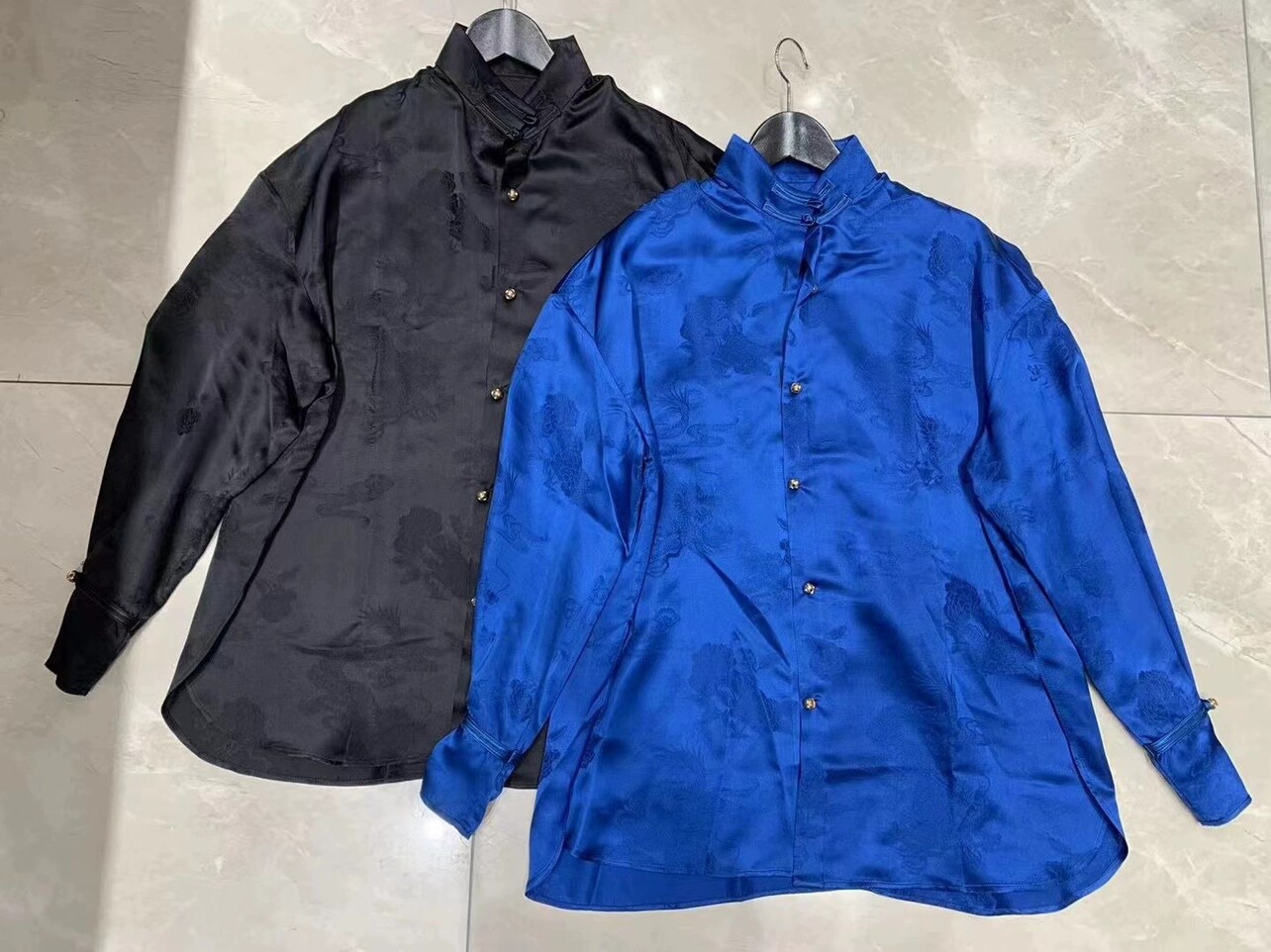 欧洲站秋装欧货时髦立领新中式盘扣复古提花洋气桑蚕丝衬衫女