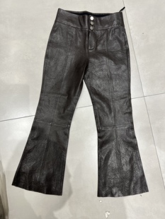 高腰裤 显瘦真皮皮裤 女 进口弹力绵羊皮修身 三粒扣微喇弹力皮裤